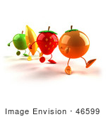 #46599 Royalty-Free (Rf) Illustration Of 3d Green Apple Banana Strawberry And Orange Mascots Marching Forward - Version 1