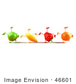 #46601 Royalty-Free (Rf) Illustration Of A Line Of 3d Green Apple Banana Strawberry And Orange Mascots Doing Hand Stands - Version 1