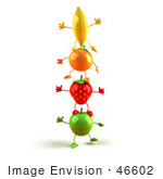#46602 Royalty-Free (Rf) Illustration Of 3d Green Apple Banana Strawberry And Orange Mascots Standing On Top Of Each Other - Version 2