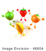 #46604 Royalty-Free (Rf) Illustration Of 3d Green Apple Banana Strawberry And Orange Mascots Jumping In A Circle - Version 1