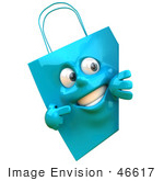 #46617 Royalty-Free (Rf) Illustration Of A 3d Blue Shopping Bag Mascot Smiling And Pointing To A Blank Sign