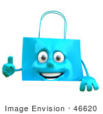 #46620 Royalty-Free (Rf) Illustration Of A 3d Blue Shopping Bag Mascot Holding A Sign With A Thumb Up