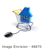 #46670 Royalty-Free (Rf) Illustration Of A 3d Computer Mouse Under A Blue House In A Shopping Cart
