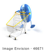 #46671 Royalty-Free (Rf) Illustration Of A 3d Blue Computer Mouse Mascot Pushing A Shopping Cart - Version 6