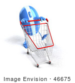 #46675 Royalty-Free (Rf) Illustration Of A 3d Blue Computer Mouse Mascot Pushing A Shopping Cart - Version 5