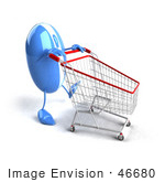 #46680 Royalty-Free (Rf) Illustration Of A 3d Blue Computer Mouse Mascot Pushing A Shopping Cart - Version 4