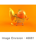#46681 Royalty-Free (Rf) Illustration Of A 3d Banana Mascot Pushing An Orange In A Shopping Cart - Version 2