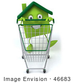 #46683 Royalty-Free (Rf) Illustration Of A 3d Green Clay Home Mascot Pushing A Shopping Cart - Version 2