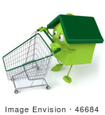 #46684 Royalty-Free (Rf) Illustration Of A 3d Green Clay Home Mascot Pushing A Shopping Cart - Version 3