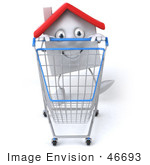 #46693 Royalty-Free (Rf) Illustration Of A 3d White Clay Home Mascot Pushing A Shopping Cart - Version 1