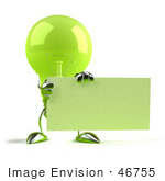 #46755 Royalty-Free (Rf) Illustration Of A Green 3d Glass Light Bulb Mascot Holding Up A Blank Business Card Or Sign - Version 1