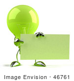 #46761 Royalty-Free (Rf) Illustration Of A Green 3d Glass Light Bulb Mascot Holding Up A Blank Business Card Or Sign - Version 2