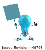 #46796 Royalty-Free (Rf) Illustration Of A Blue 3d Glass Light Bulb Mascot Holding A Blank Sign On A Post - Version 2