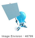 #46799 Royalty-Free (Rf) Illustration Of A Blue 3d Glass Light Bulb Mascot Holding A Blank Sign On A Post - Version 1