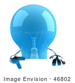 #46802 Royalty-Free (Rf) Illustration Of A Blue 3d Glass Light Bulb Mascot Giving The Peace Gesture And Holding A Blank Sign