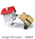 #46863 Royalty-Free (Rf) Illustration Of A 3d White Clay House Mascot Moving Boxes On A Dolly - Version 3