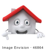 #46864 Royalty-Free (Rf) Illustration Of A 3d White Clay House Mascot Pointing Down And Standing Behind A Blank Sign