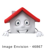 #46867 Royalty-Free (Rf) Illustration Of A 3d White Clay House Mascot Standing Behind A Blank Sign