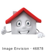 #46878 Royalty-Free (Rf) Illustration Of A 3d White Clay House Mascot Giving The Thumbs Up And Standing Behind A Blank Sign