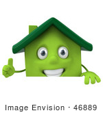 #46889 Royalty-Free (Rf) Illustration Of A 3d Green Clay House Mascot Giving The Thumbs Up And Standing Behind A Blank Sign