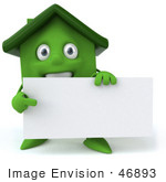#46893 Royalty-Free (Rf) Illustration Of A 3d Green Clay House Mascot Holding A Blank Business Card