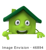 #46894 Royalty-Free (Rf) Illustration Of A 3d Green Clay House Mascot Pointing Down And Standing Behind A Blank Sign