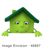 #46897 Royalty-Free (Rf) Illustration Of A 3d Green Clay House Mascot Standing Behind A Blank Sign
