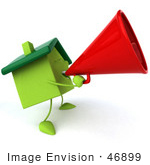 #46899 Royalty-Free (Rf) Illustration Of A 3d Green Clay House Mascot Using A Megaphone - Version 2