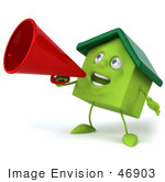 #46903 Royalty-Free (Rf) Illustration Of A 3d Green Clay House Mascot Using A Megaphone - Version 3