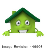 #46906 Royalty-Free (Rf) Illustration Of A 3d Green Clay House Mascot Standing Behind A Sign Board