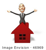 #46969 Royalty-Free (Rf) Illustration Of A 3d White Corporate Businessman Mascot Standing Behind A House