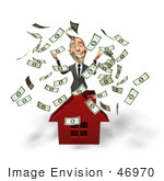 #46970 Royalty-Free (Rf) Illustration Of A 3d White Corporate Businessman Mascot Throwing Money And Standing Behind A House