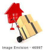 #46997 Royalty-Free (Rf) Illustration Of A 3d Red House Mascot Pushing Boxes On A Dolly