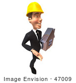 #47009 Royalty-Free (Rf) Illustration Of A 3d Contractor Mascot Holding A Chrome House - Vesrion 1
