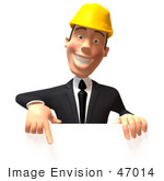 #47014 Royalty-Free (Rf) Illustration Of A 3d Contractor Mascot Pointing Down And Standing Behind A Blank Sign