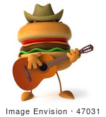 #47031 Royalty-Free (Rf) Illustration Of A 3d Cheeseburger Mascot Playing A Guitar And Wearing A Cowboy Hat