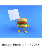 #47038 Royalty-Free (Rf) Illustration Of A 3d Cheeseburger Mascot Holding Up A Sign On A Post - Version 1