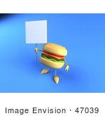 #47039 Royalty-Free (Rf) Illustration Of A 3d Cheeseburger Mascot Holding Up A Sign On A Post - Version 2