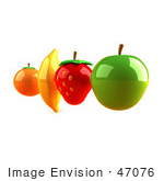 #47076 Royalty-Free (Rf) Illustration Of Floating 3d Orange Banana Strawberry And Green Apple Fruits - Version 4