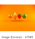 #47085 Royalty-Free (Rf) Illustration Of Floating 3d Orange Banana Strawberry And Green Apple Fruits - Version 1