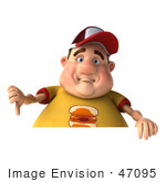 #47095 Royalty-Free (Rf) Illustration Of A 3d Fat Burger Boy Mascot Holding His Thumb Down Over A Blank Sign