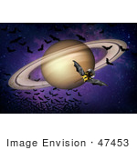 #47453 Royalty-Free Stock Illustration Of A Bat Winged Spacecraft Circling Around Saturn And A Swarm Of Bats In Space