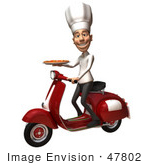 #47802 Royalty-Free (Rf) Illustration Of A 3d White Chef Man Mascot Delivering A Pizza On A Scooter