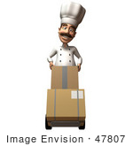 #47807 Royalty-Free (Rf) Illustration Of A 3d Gourmet Chef Mascot Moving Boxes On A Dolly - Version 1