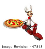 #47843 Royalty-Free (Rf) Illustration Of A 3d Gourmet Chef Mascot Delivering Pizza On A Scooter - Version 5