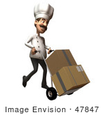 #47847 Royalty-Free (Rf) Illustration Of A 3d Gourmet Chef Mascot Moving Boxes On A Dolly - Version 2