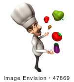 #47869 Royalty-Free (Rf) Illustration Of A 3d Gourmet Chef Mascot Juggling Veggies - Version 4