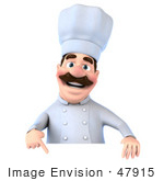 #47915 Royalty-Free (Rf) Illustration Of A 3d Head Chef Mascot Pointing Down And Standing Behind A Blank Sign