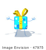 #47975 Royalty-Free (Rf) Illustration Of A Blue 3d Gift Mascot With Open Arms - Version 3