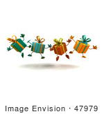 #47979 Royalty-Free (Rf) Illustration Of A Line Of Four 3d Present Mascots Jumping - Version 1